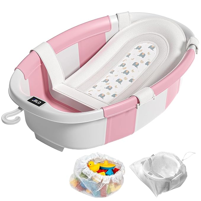 Collapsible Baby Bathtub, Baby Tubs for Newborns with Soft Cushion & Thermometer & Toy Organizer Mesh Bag, Infant Bathtub to Toddler 0-36 Months, Portable Travel Newborn Baby tubs