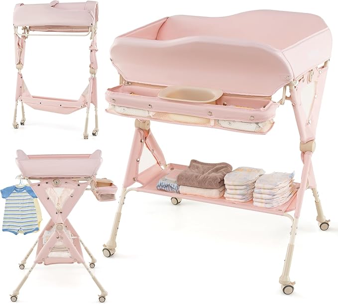 INFANS Baby Changing Table with Wheels, Portable Folding Diaper Station Nursery Organizer with Storage Basket, Hanging Rack, Adjustable Height, Safety Belt for Newborn Infant (Light Pink)