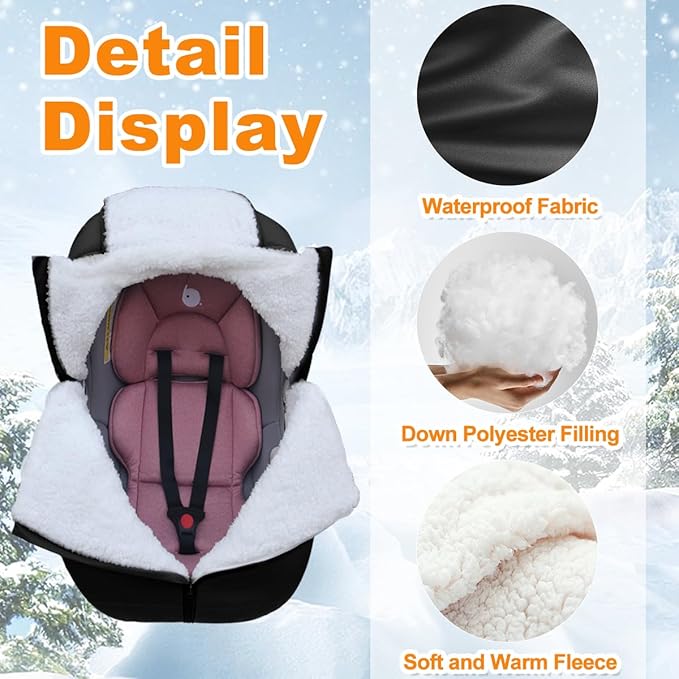Winter Baby Car Seat Cover - Infant Carseat Bunting Bag Blanket Keep Baby Warm for Newborn Boys Girls- Cold Weather Insulated Windproof Carrier Canopy for Travel (Black)
