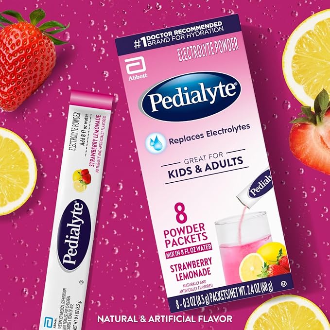 Pedialyte Electrolyte Powder, Hydration Drink for Kids & Adults, Strawberry Lemonade, 8 Powder Packets