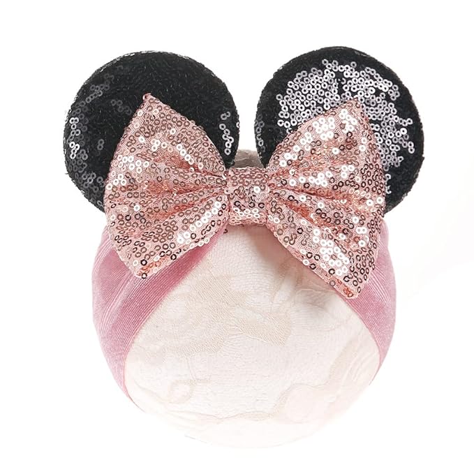 JIAHANG Baby Girl Mouse Ears Turban Headwrap with Sequin Bows, Wide Velvet Hairband, Hair Bow Headband for Newborn Toddler, kids, Party Supplies (oufen HW)