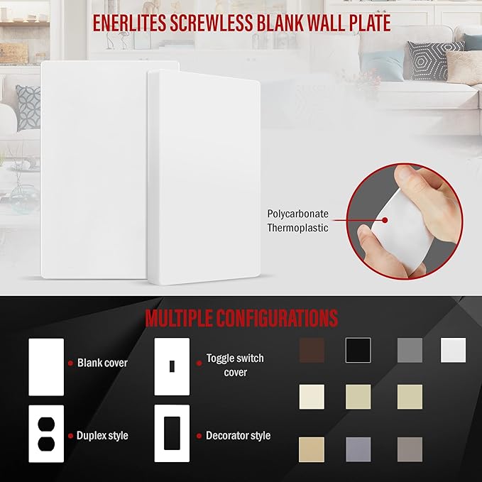 ENERLITES SI8801-W-5PCS, Screwless Blank Wall Plate, Child Safe Blank Device Outlet Cover, Standard Size, 1-Gang 4.68" x 2.93", Polycarbonate Thermoplastic, UL Listed, Glossy, White, 5 pack