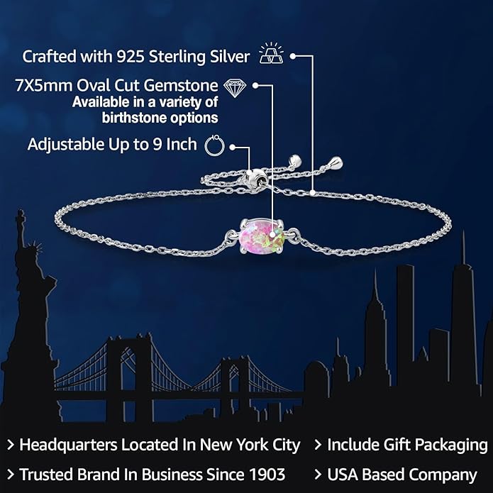 Gem Stone King 7X5MM Oval Gemstone Birthstone Solitaire Bracelet For Women | 925 Sterling Silver | Adjustable Bolo Bracelet For Women | Fine Jewelry Gifts for Her Mom Wife