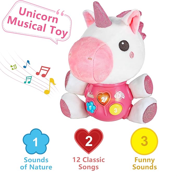 iPlay, iLearn Baby Unicorn Musical Toys, Newborn Girls Gift, Soft Unicorn Plush Stuffed Animal, Infant Light Music Time, 1st Valentine's Easter Stuffer for 0 1 2 3 6 9 12 18 Month 1-3 Yrs Toddlers