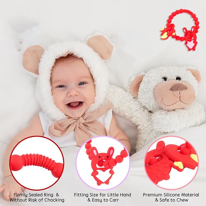 Valentine Teething Toys, Silicone Baby teethers 0-6 Months Easy for Little Hands to Hold, Cupid and Heart Rabbit for Valentine's Day Baby Teething Toys