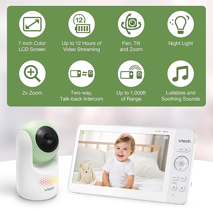VTech Video Baby Monitor with 7" Color LCD Screen, Rechargeable Battery, Baby Monitor with Camera and Audio, Pan-Tilt-Zoom, No WiFi, Touch Multi-Color Night Light, 2-Way Talk, Advanced Max Green