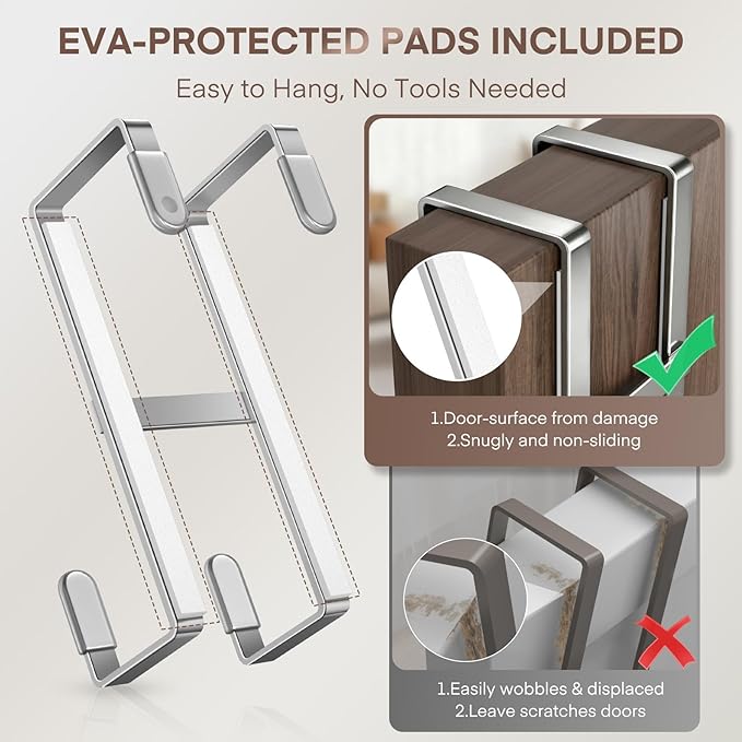 FYY 2 Packs Over The Door Hooks, Dual-Sided Door Hanger Hook, Heavy Duty No Drill Wall Hooks for Hanging Coats, Towels, Bags, Kitchen Closet Fits Most Doors Up to 1-7/8" Thickness (Silver)
