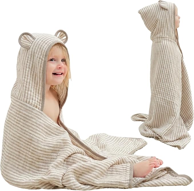 Ultra-Soft Muslin Toddler Hooded Towel – 55 x 28 Inches, Made with Organic Cotton, Gender-Neutral Warm Brown Striped Jacquard Pattern, Ideal for Bath & Beach, Newborn to Toddler