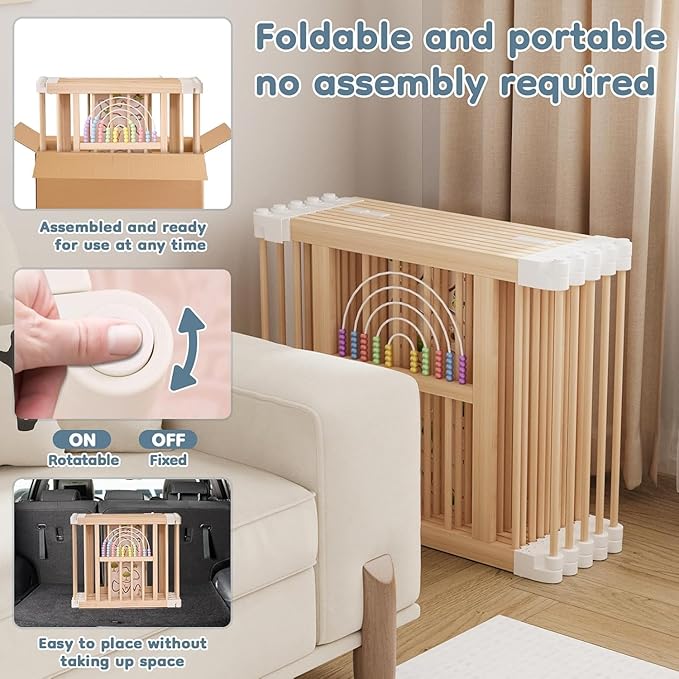 Foldable Wooden Baby Playpen Activity Center,Adjustable Size & Shape Portable Play Yard, Baby Fence Play Area with Gate for Indoor Use for Babies and Toddlers(84x56x24inches)