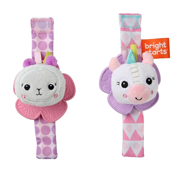 Bright Starts Rattle & Teethe Wrist Pals Toy,Unicorn & Llama,Newborn+,2 Count (Pack of 6)