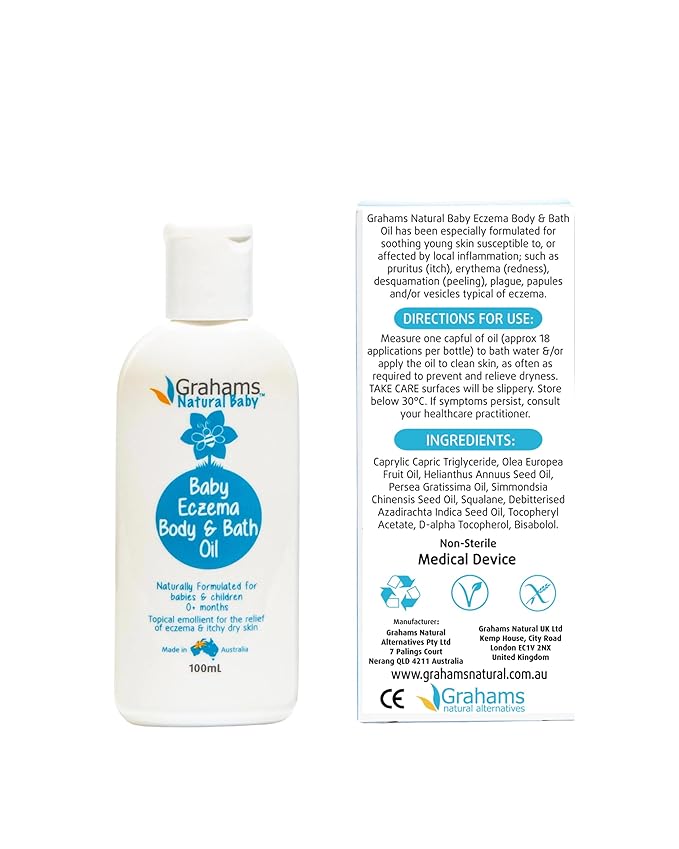 Grahams Natural Baby Eczema Body and Bath Oil - Treat Eczema & Cradle Cap, Relief for Itchy, Dry Skin - Clinically Proven Formula - For Ages 0+ Months to 12 Years (1 x 100ml)