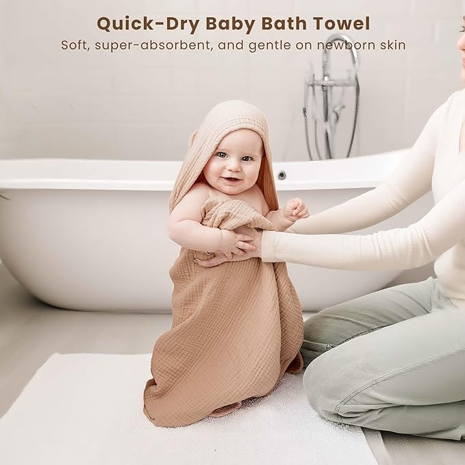 Konssy 2-Pack Muslin Hooded Baby Towels, 100% Cotton, Ultra-Soft & Absorbent Baby Bath Towels with Hood for Newborn & Infant (Camel, Sun,32" x 32")