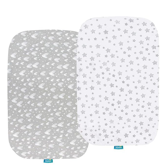 Bassinet Sheets Compatible with AirClub, GoFirst and MiClassic Bassinet Bedside Sleeper, 2 Pack,100% Jersey Knit Cotton Fitted Sheets, Mild Grey Hearts and White Stars Print