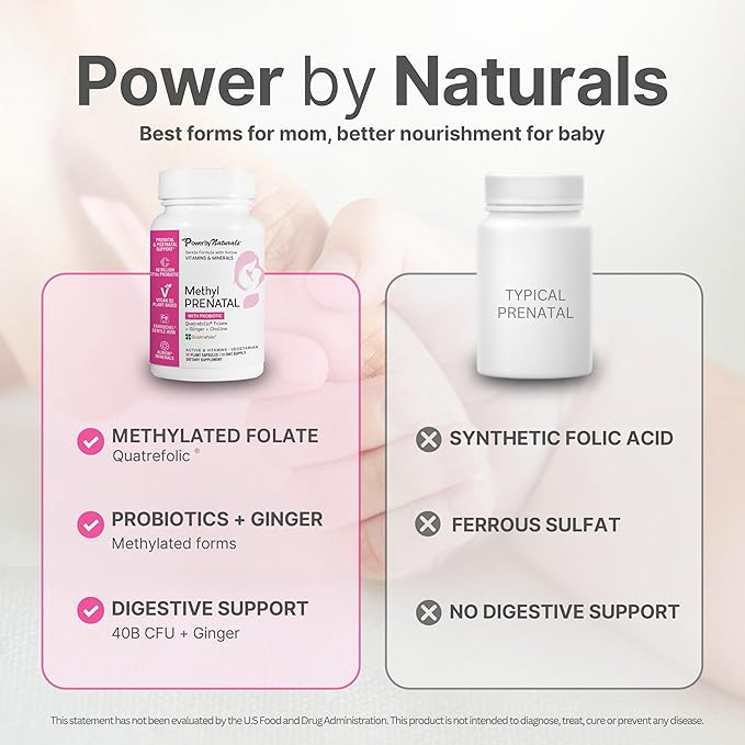 Power By Naturals Methyl Prenatal with Probiotics – Prenatal Vitamins for Women with Iron, Methyl Folate, Ginger, Active B12 & 27+ Essential Nutrients, Pregnancy Supplements, 60 Vegan Capsules