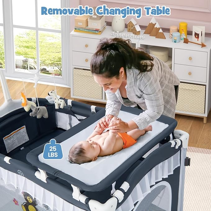 BABY JOY 4 in 1 Pack and Play with Canopy, Portable Baby Playard with Bassinet, Double-Layer Baby Crib, Wheels & Brake, Foldable Baby Girl Pink Bassinet from Newborn to Toddler