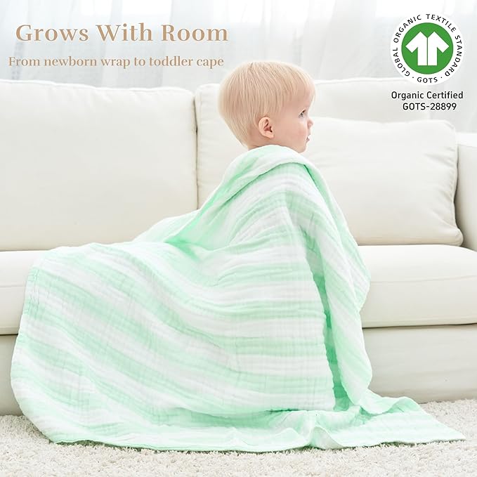 5-Piece Muslin Baby Bath Towel Set - 100% Organic Cotton, (2) Large 6-Layer 41x41 Towels & (3) Washcloths, Multi-Use Blanket & Bath (Green Striped)