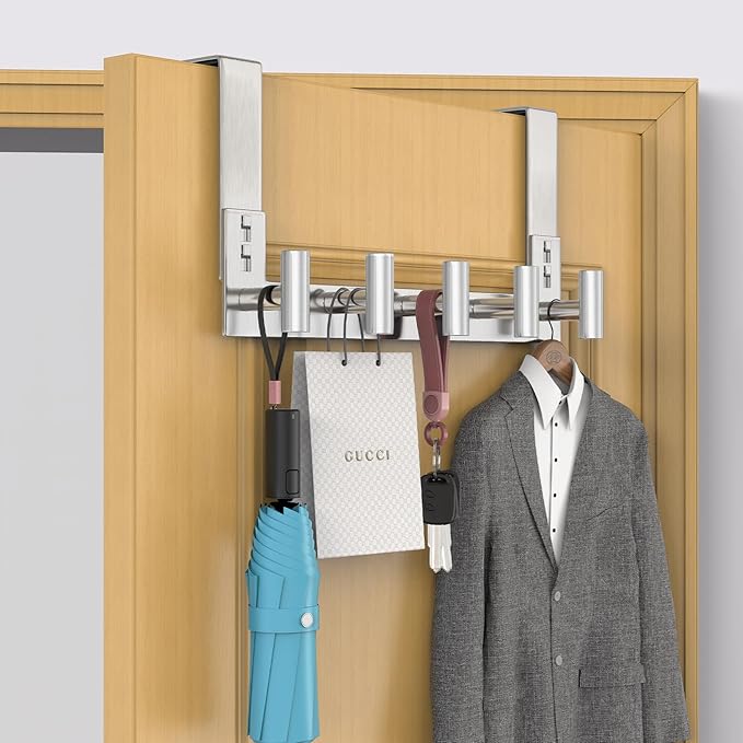 PMMASTO Over The Door Hooks, Door Hanger Hook for Hanging, Coat Rack Organizer for Bathroom, Towel Holder Bathroom Accessories (Silver 5 T-Hooks-Fits 1-3/4" Thick Door)