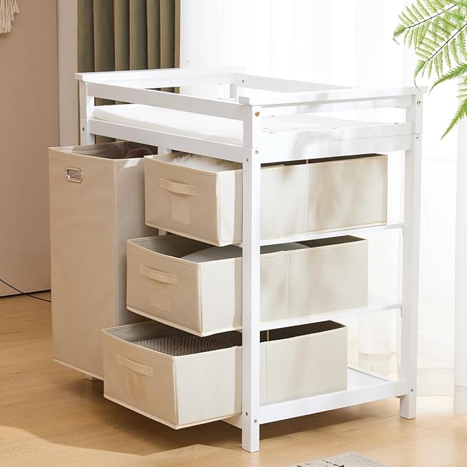 Karl home Modern Baby Changing Table,Dresser Baby Diaper Changing Station with Laundry Hamper,Infant Nursing Table with 3 Storage Drawers,Removable Safety Rail & Strap for Bedroom,Nursery,White