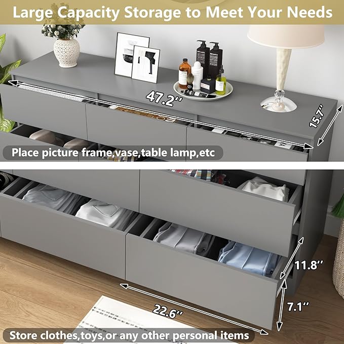 Grey 9 Drawer Dresser for Bedroom,Modern Long Dresser with Deep Drawers,Wide Storage Chest of Drawer,Wood Bedroom Storage Organizer Drawers forBedroom