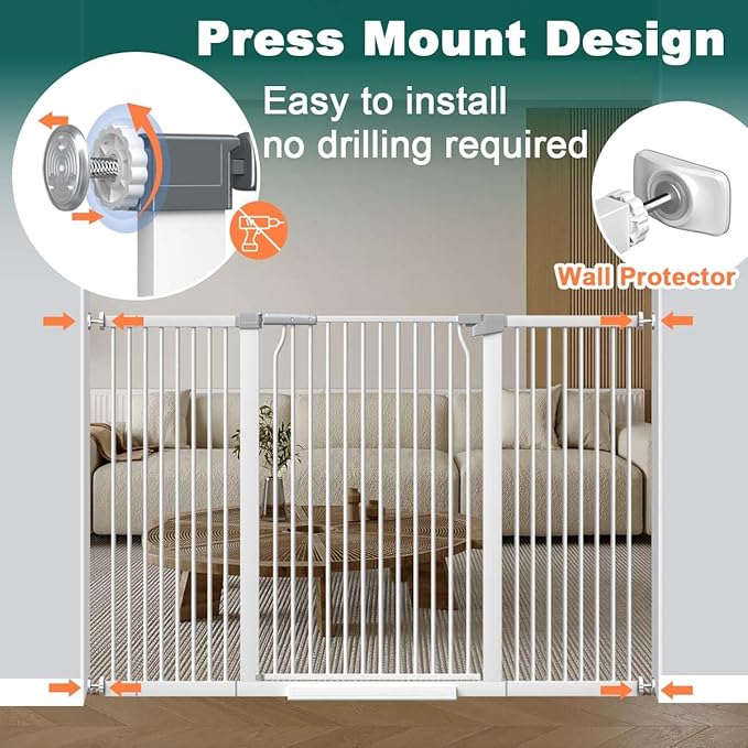 Fairy Baby 40.5" Extra Tall Pet Gate for Doorway, 60.3"-65.7" Extra Wide Dog Gate for Stairs, Metal Auto Close Safety Child Toddler Gate, Pressure Mounted Easy Walk Through Baby Gate with Door, White