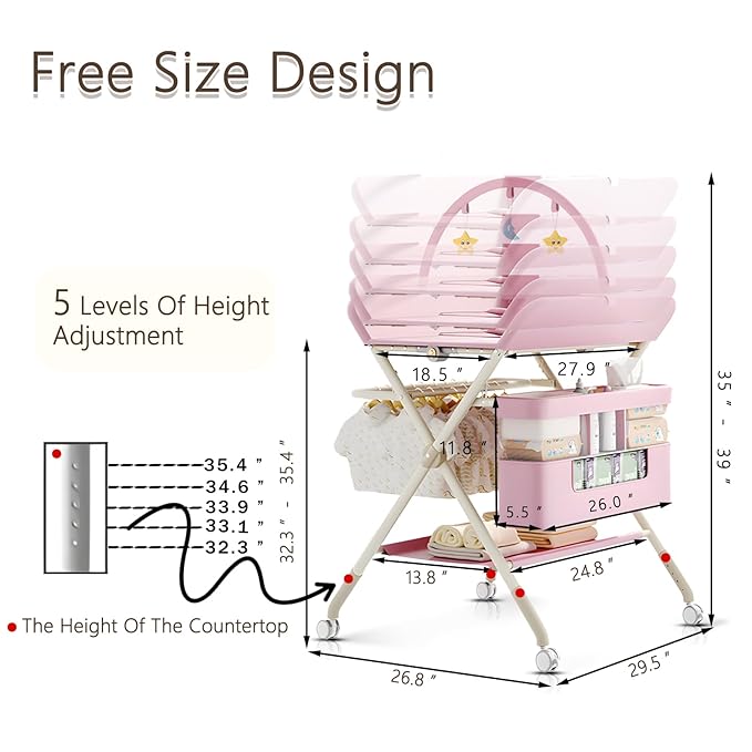 Changing Table, Portable Baby Changing Table with Wheels, Upgraded Foldable Diaper Changing Station with 5-Level Adjustable Height & Large Nursery Organizer Storage for Newborn Infant (Pink)