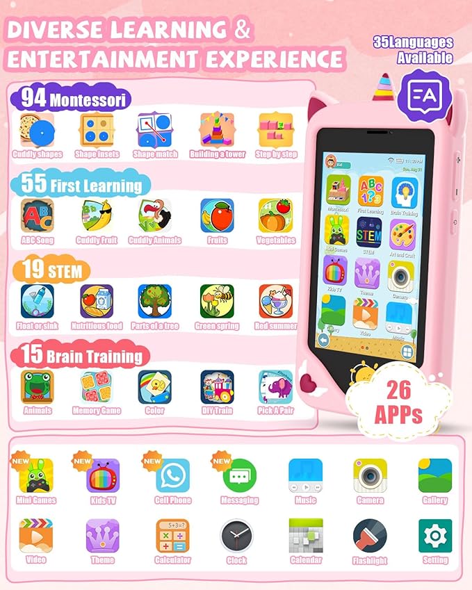 Kids Smart Phone for Girls - Safest Phone for Kid & Teens, Talk & Text - Kids Cell Phone Toy, 4.2'' Touchscreen, Dual Cameras, Games, 32GB Card (Blush)