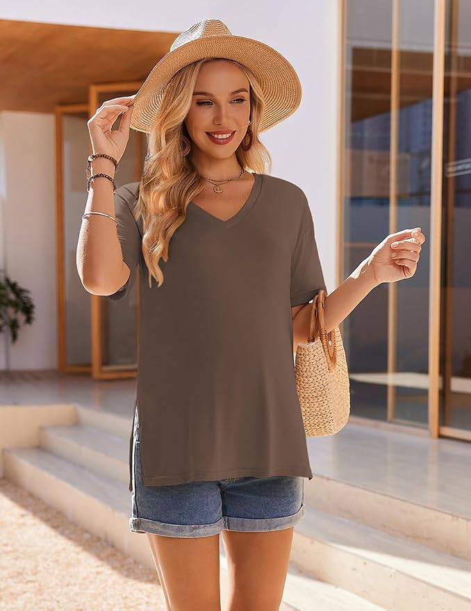 Ekouaer 3 Packs Women's Maternity Shirts V Neck Pregnancy Tops Short Sleeve Casual Workout Tees Side Split Mama Clothes