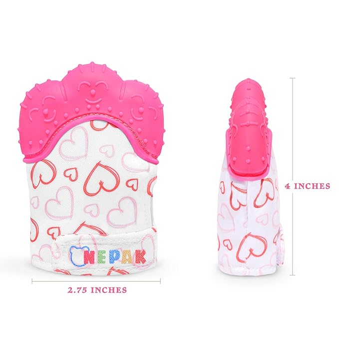 NEPAK Teething Mitten 2 Pcs-Baby Glove Stimulating Teether Toys for Boys & Girls-Teething Glove for 3-6 Months Baby (Pretty Sweet Heart,Pink)