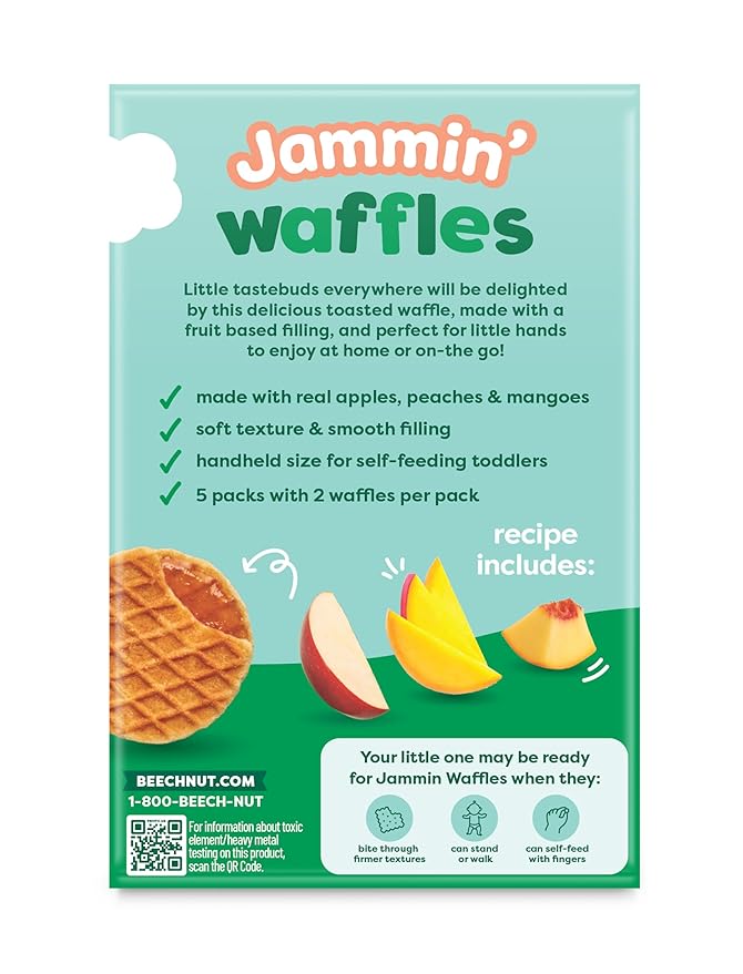 Beech-Nut Toddler Snacks Jammin' Waffles with Fruit Filling for Babies & Toddlers, Peach Mango, 10 Boxes (50 Individually Wrapped Packs)