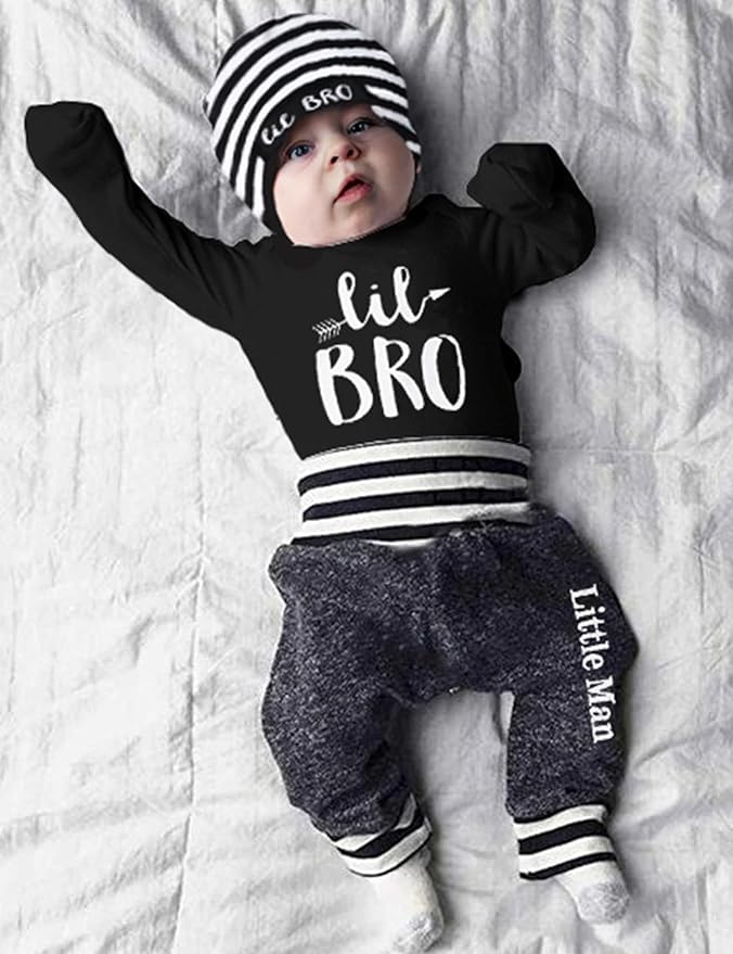 Fommy Newborn Baby Boy Clothes New to The Crew Letter Print Romper+ Pants+Hat 3PCS Outfit