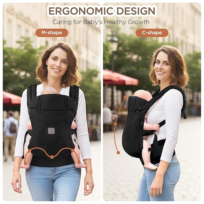 GAGAKU Baby Carier, Lightweight Ergonomic Toddler Carrier for 7-33lbs, Soft Breathable 4-in-1 Carrier with Head Support, Easy to Wear, Hands-Free Comfort, Black