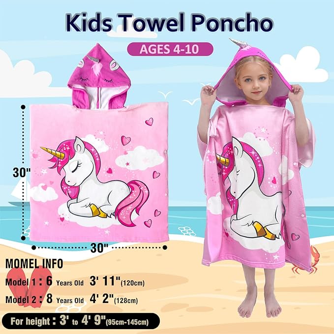 Hooded Kids Beach Towels - Toddler Bath Towel Girls Boys Swim Cover-ups for Ages 4 to 10 Kids Pool Towels Quick Dry Lightweight Soft Microfiber Poncho 30x30 with Bag (Pink Unicorn)