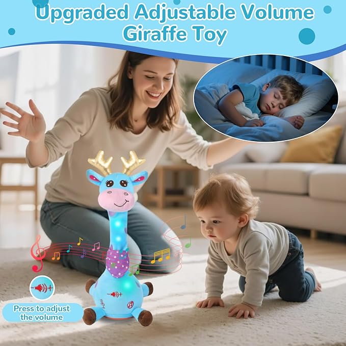 MILGEI Dancing Talking Giraffe Toy, Singing Musical Tummy Time Baby Toy with Volume Adjustment, 10 Children's Songs Light Up Toys, Repeating What You Say, Blue Giraffe Stuffed Animal for Girls Boys