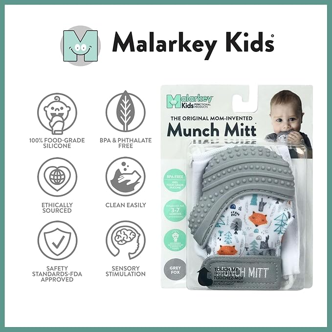 Malarkey Kids Patented Teething Mitten, Munch Mitt Baby Chew Toy - Protects Hands from Chewing & Saliva, Heals Aching Gums, Promotes Sound & Visual Stimulation for Babies - Grey Fox
