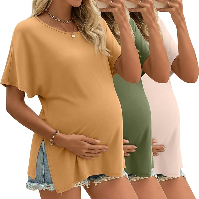 Riyiper 3 Pack Women's Maternity Tunic Shirts Cotton Summer Pregnancy Clothes Loose Oversized Split Side Blouse Tops