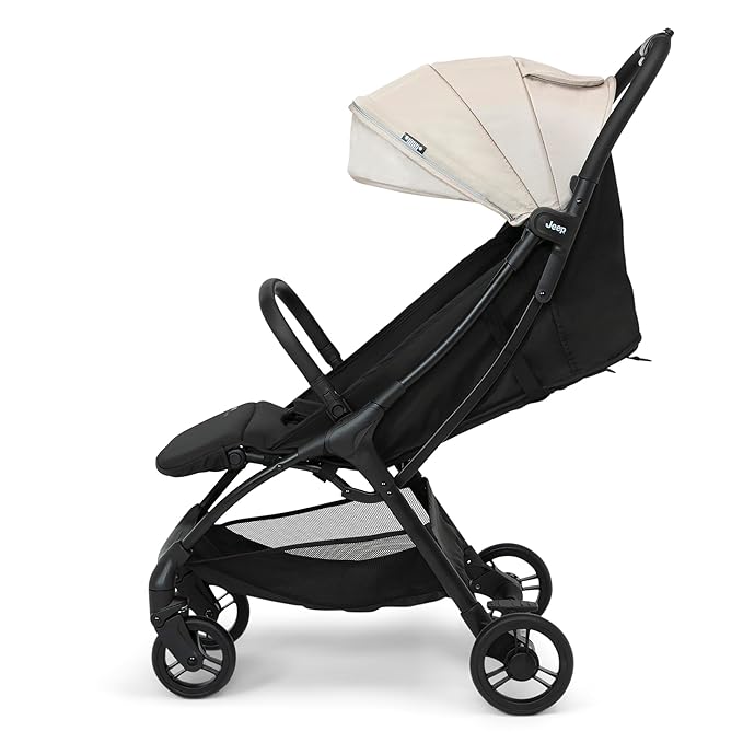 Jeep Altitude Compact Travel Stroller by Delta Children Greenguard Gold, Easy One Hand Fold, Lightweight, Extendable Canopy with Peek-a-Boo Window, Reclining Seat, 4 Wheel Suspension, Tan