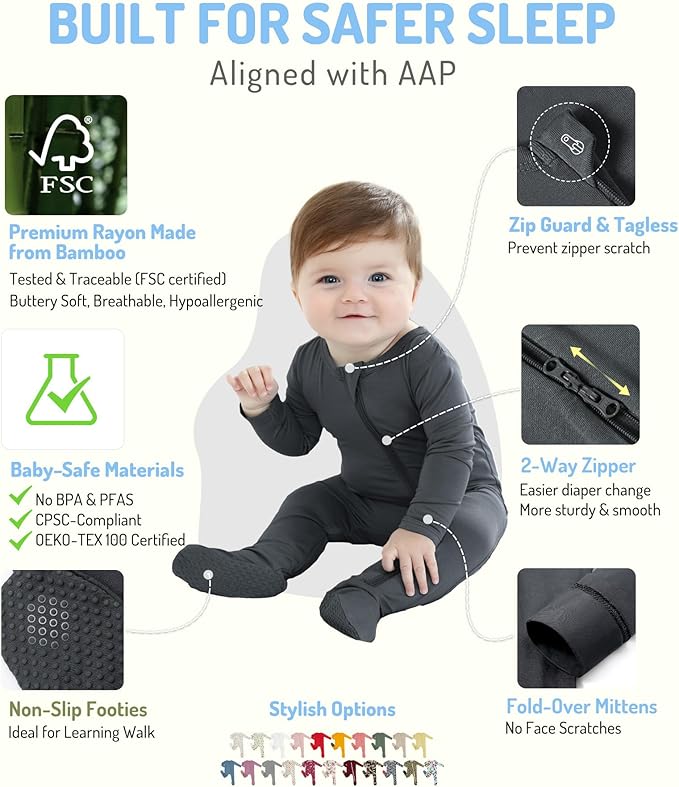 HAPIU Rayon from Bamboo Baby Footed Pajamas, 2 Way Premium Zipper, Footie for Baby Boy Girls, Newborn-24 Months