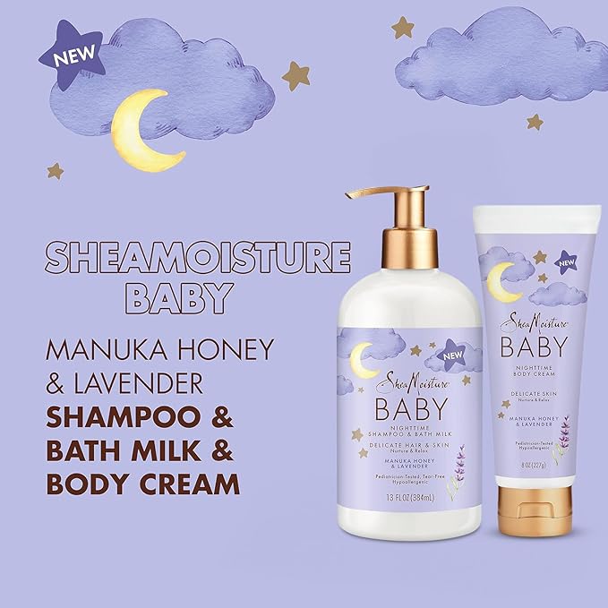 Shea Moisture Baby Care Set – Relaxing Nighttime Shampoo & Bath Milk + Nighttime Body Cream for Delicate Skin, Manuka Honey & Lavender (2 Piece Set)