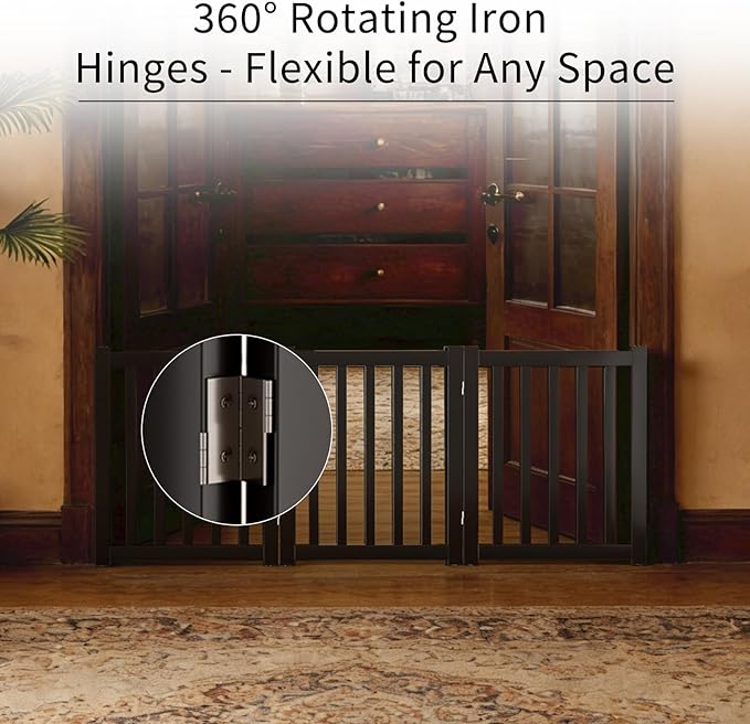 3-Panel Solid Wood Dog Gate - Freestanding Folding Pet Gate for Doorways, Stairs, Indoor, 24" Height, No Installation Needed, Black