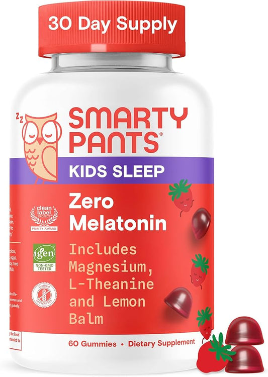 SmartyPants Kids Sleep Gummies Supplement Zero Melatonin: L Theanine, Lemon Balm & Magnesium, Sleep Aid, Strawberry Flavor, 60 Count