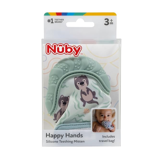 Nuby Happy Hands Silicone Teething Mitten for Babies - Soft Silicone Massaging Teether - Soothes Sore Gums - Easy-to-Wear and Machine Washable - 3+ Months - Otter