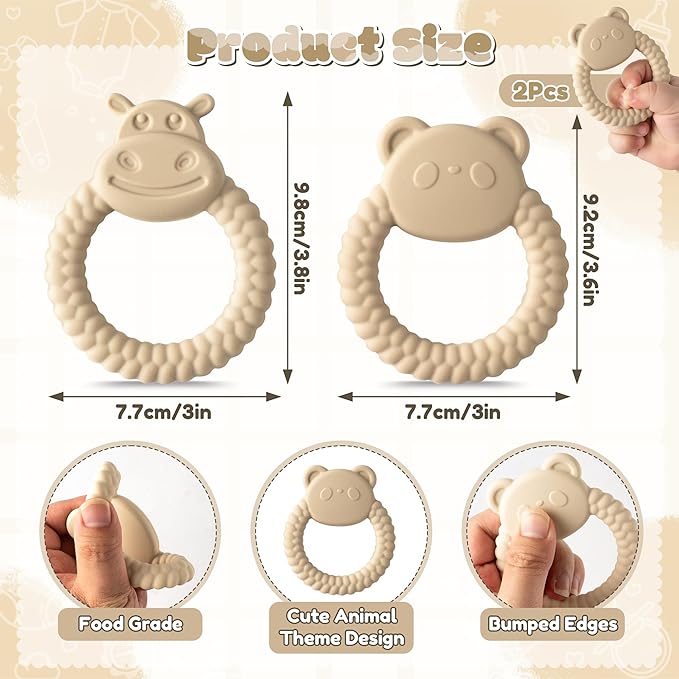 Silicone Teething Toy for Babies - 2ooya 2Pcs Bear Animal Theme Teething Ring Relief Chew Toy Infant Sore Gums Pain Soft Food Grade Silicone Teethers for Toddler 6-12 Months Birthday Baby Shower