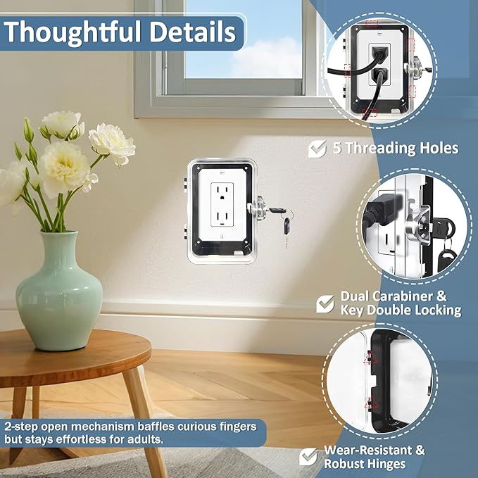 Child Proof Outlet Lock Box with 2 Durable Keys - Heavy Duty Safety Cover for Baby Proofing, Tool-Free Installation, More Space for Large Plugs Universal Fit Socket Protector (2 Pack, Black)