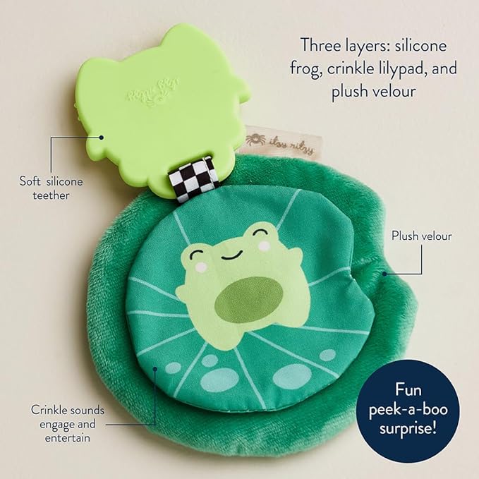 Itzy Ritzy Crinkle Teether Toy – Silicone Frog Teething Toy with Crinkly Lilypad & Plush Velour Layer – Features Multiple Textures for Teething Relief – Designed for Ages 3 Months and Up (Frog)