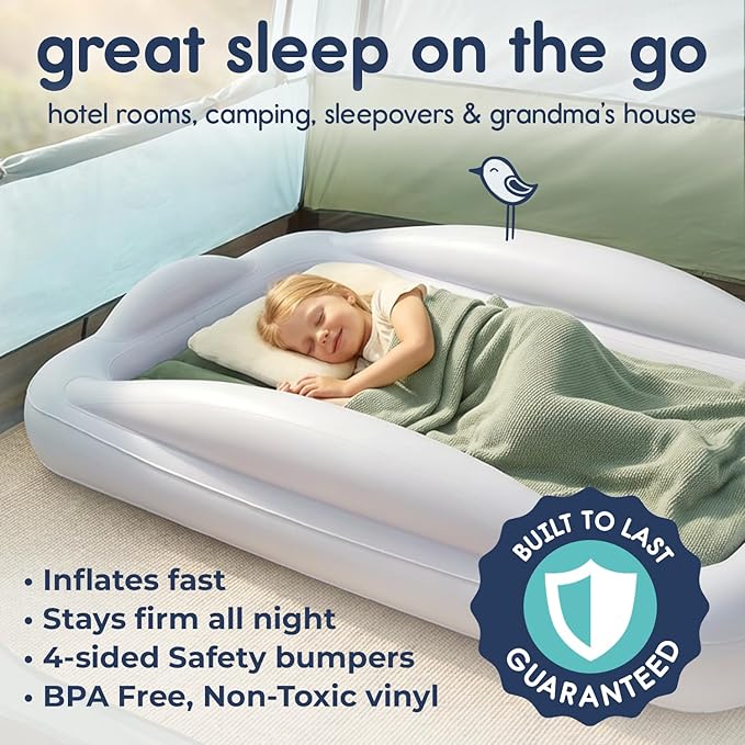 Hiccapop Inflatable Toddler Travel Bed with Safety Bumpers [4-Sided], Portable Toddler Bed for Kids, Toddler Air Mattress, Kids Air Mattress - Sage Green