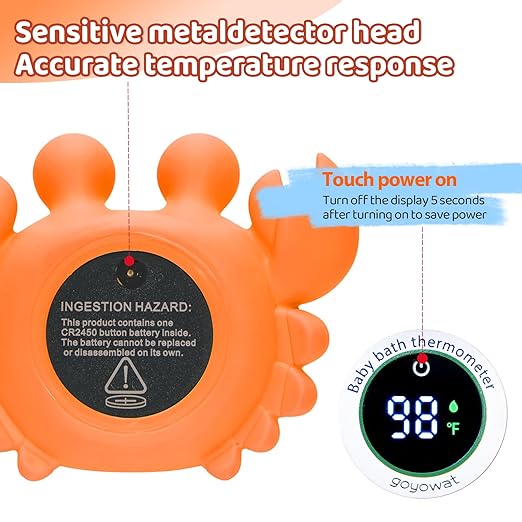 Baby Bath Thermometer Crab Toy - Digital Floating Water Thermometer with LED Display & Color Alerts for Infants, Cute Bath Tub Sensor & Safe Bath Time Essential Toy