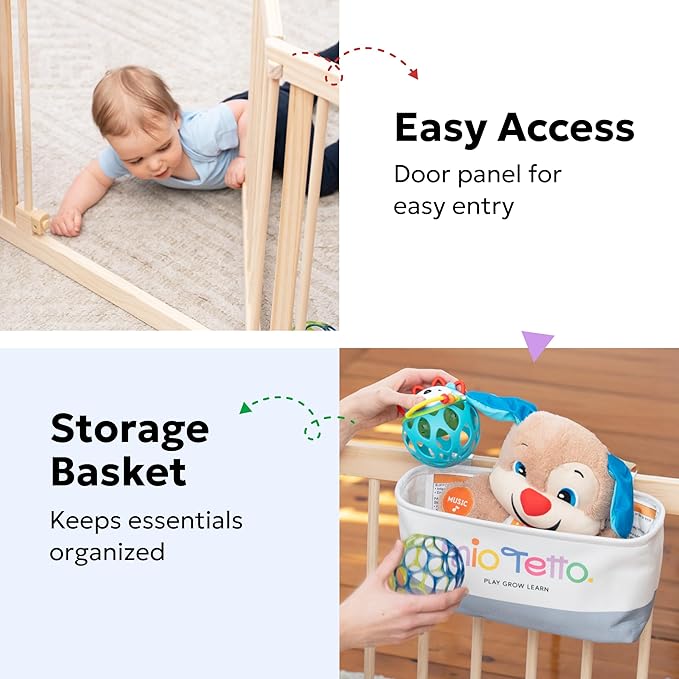 Miotetto Baby Playpen, Wooden Playpen for Babies and Toddlers, Foldable Fence with Montessori Activity Panel, Storage Basket & Gate, Portable, Easy to Assemble Baby Play Pen Natural Wood Playyard