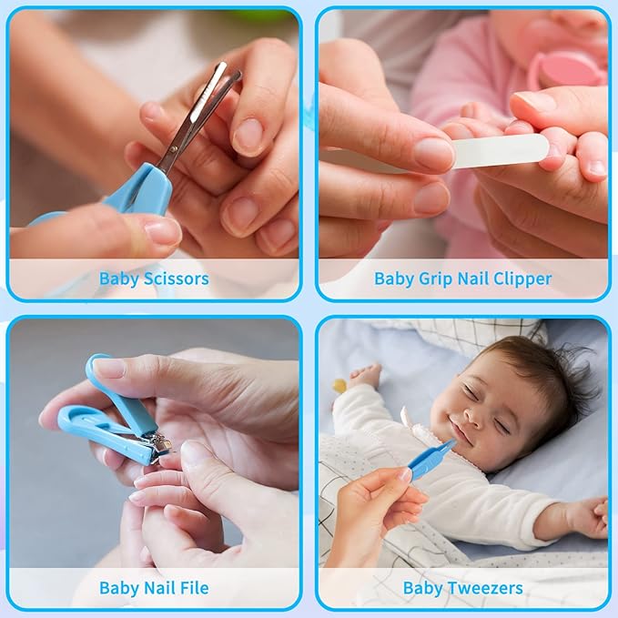 Baby Healthcare and Grooming Kit, Baby Safety Set Newborn Nursery Health Care Set with Hair Brush Scale Measuring Spoon Nail Clippers (17PCS Blue)