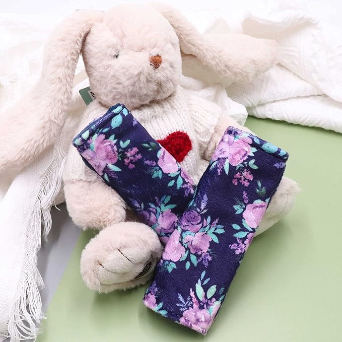 Baby Car Seat Belt Covers, Purple Flower Car Seat Strap Covers for Boys Girls, Fleece Stroller Strap Cover for Kids, Soft Car Seat Neck Cover, Newborn Car Seat Straps Shoulder Protectors, 2 Pack,