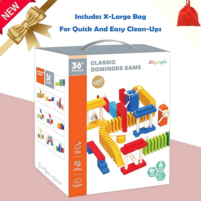 Migargle 1200 PCS Wooden Dominoes Set with 11 Extra Add-on Domino Blocks & Storage Bag - Bulk Dominos Racing Game for Kids | Educational Domino's-Themed Toy